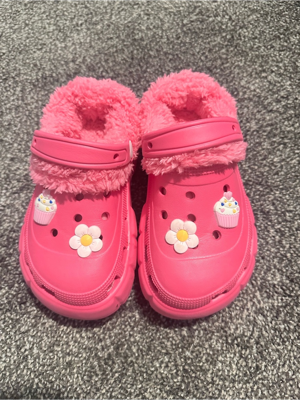 Kids Pink Fuzzy Clog Shoes with Decorative Charms